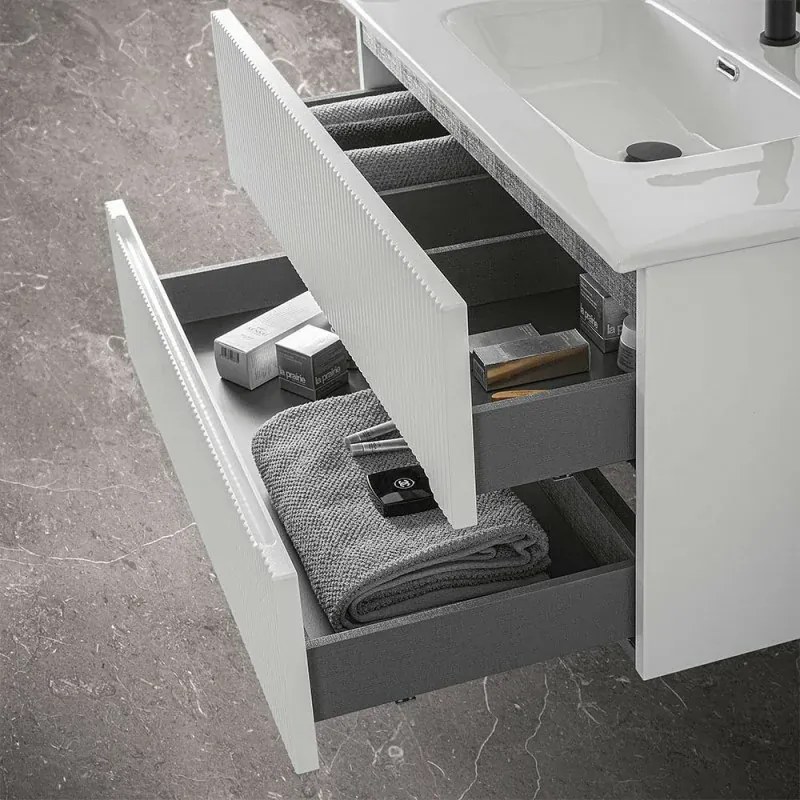 Mobile bagno sospeso cannettato 60 cm bianco opaco con lavabo Bali