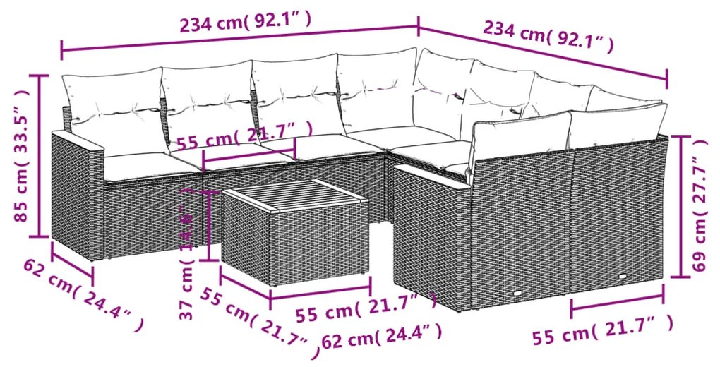 Set divano da giardino 9 pz con cuscini beige in polyrattan