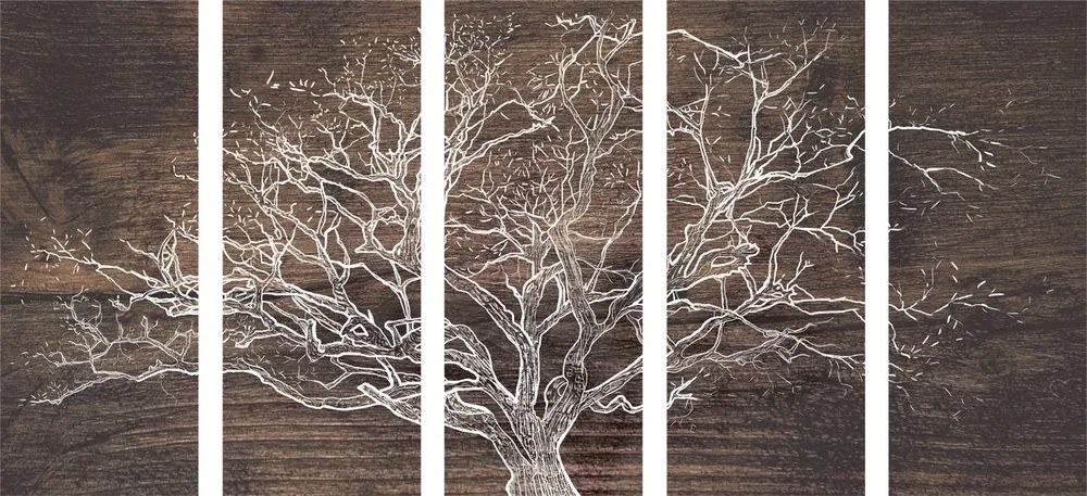 Quadri 5 pezzi – Corona dell'albero su sfondo di legno