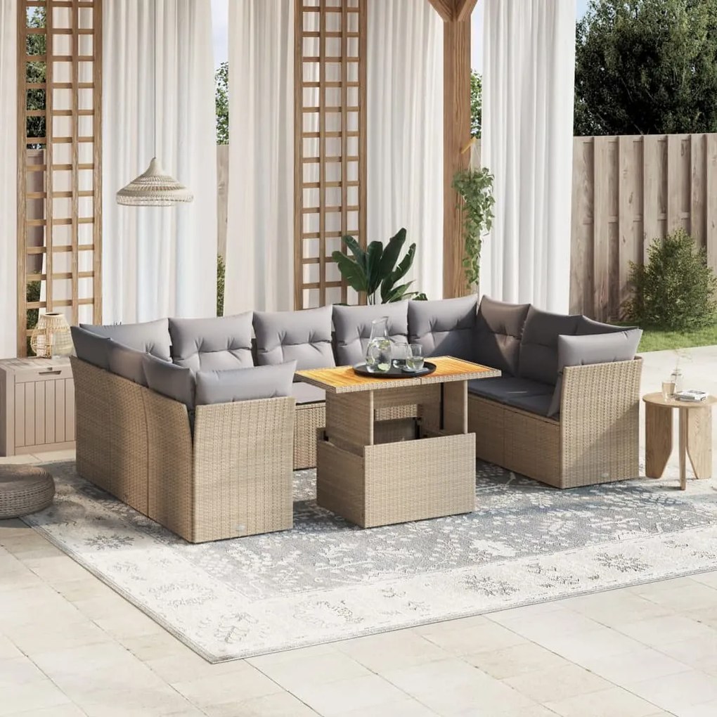 Set divano da giardino 10 pz con cuscini beige in polyrattan