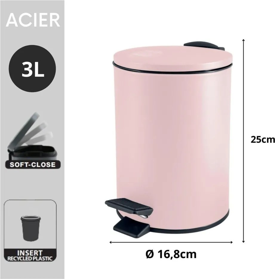 Cestino per la spazzatura rosa in acciaio con pedale 3 l Adelar – Spirella