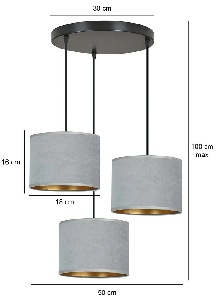Lampadario Tondo 3 Luci Ganesha In Acciaio Nero E Paralumi In Tessuto Grigio