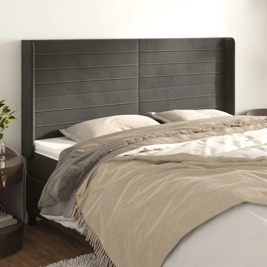 Testiera Ad Orecchio Grigioscuro 183x16x118/128 Cm İn Velluto /
