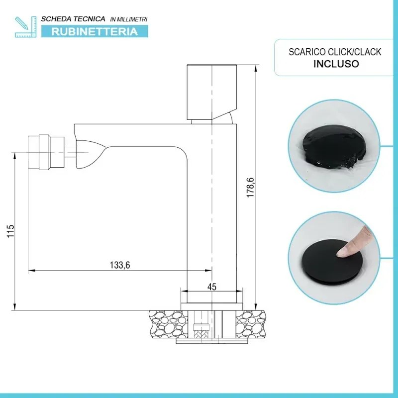 Miscelatore bidet in ottone nero opaco con piletta click clack Lotus