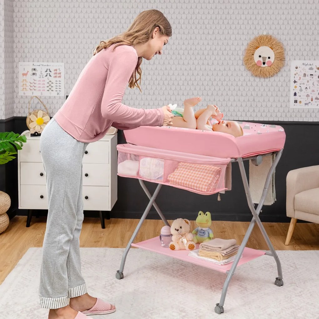 Costway Fasciatoio pieghevole per bambini con cesto ampio e mensola, Organizer nursery con ruote bloccabili Rosa