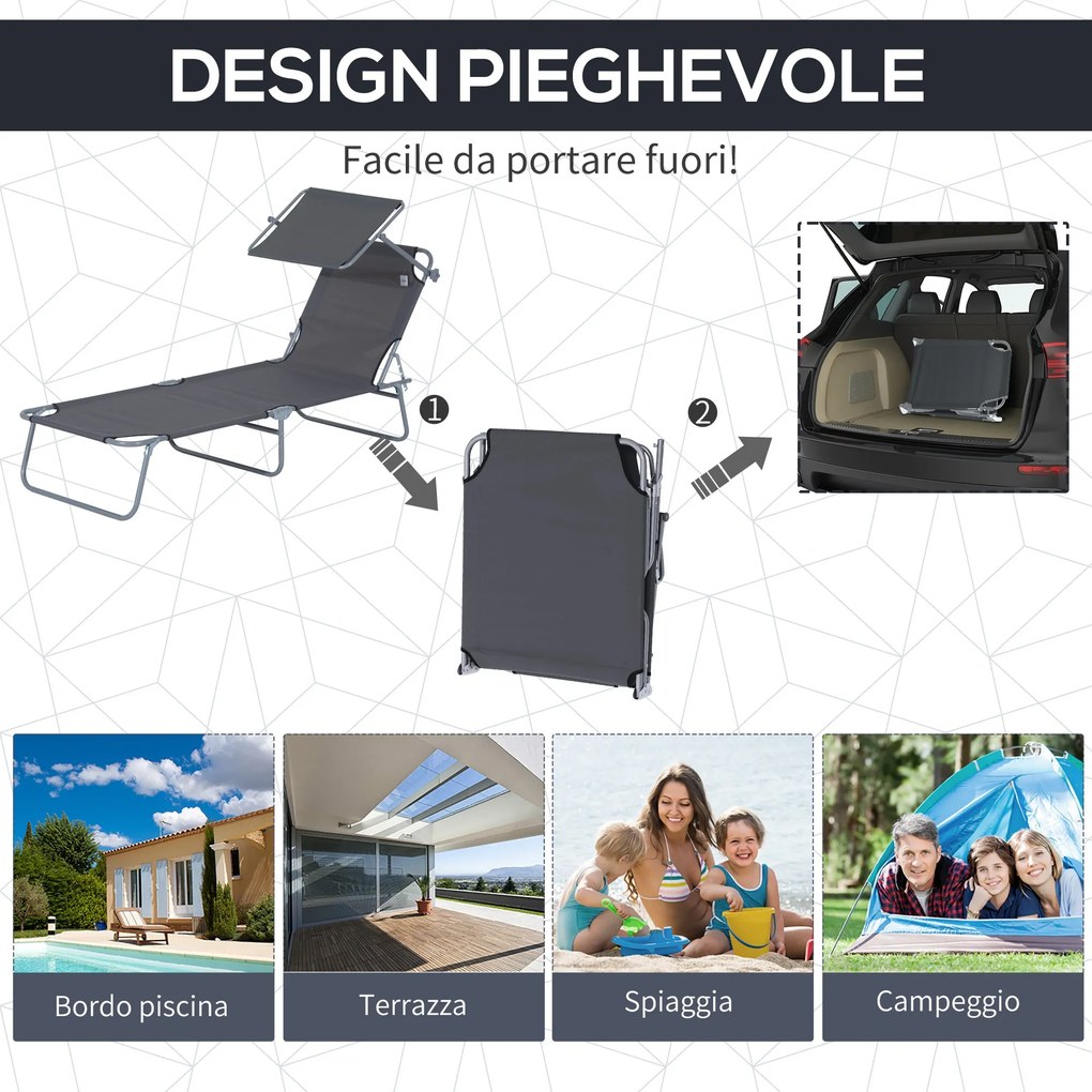 Lettino Prendisole in Ferro Pieghevole Reclinabile con Tettuccio Parasole Oxford Grigio...