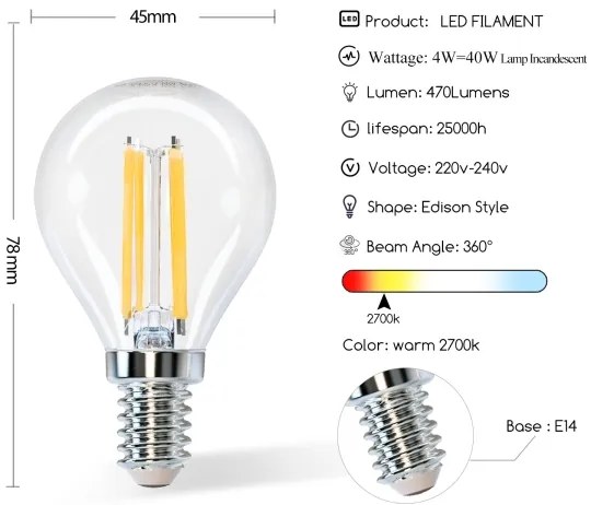 Lampadina LED G45 E14/4W/230V 2700K - Aigostar