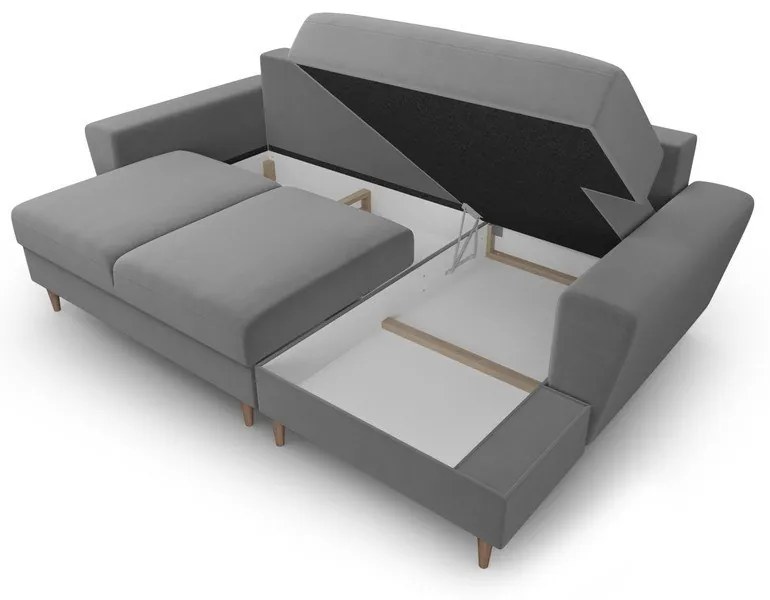 Divano angolare grigio chiaro allungabile e con contenitore (con penisola a destra/con chaise lounge) con rivestimento in velluto Kyoto – Cosmopolitan Design