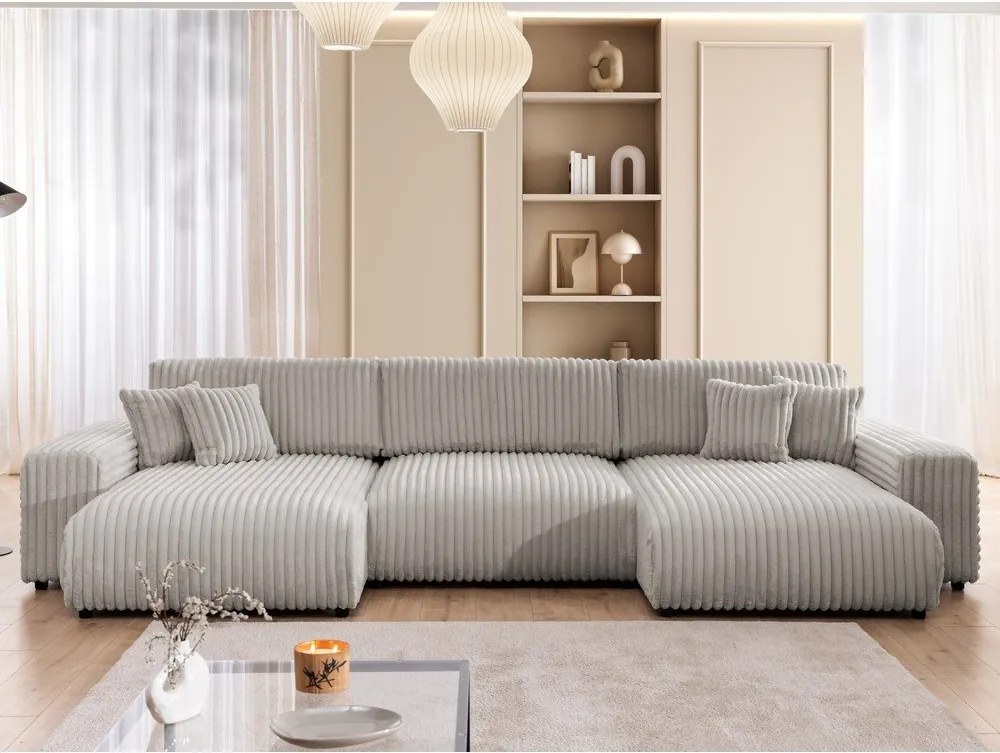 Divano angolare grigio chiaro allungabile/con contenitore (a U) rivestito in velluto a coste Sarina – Ropez