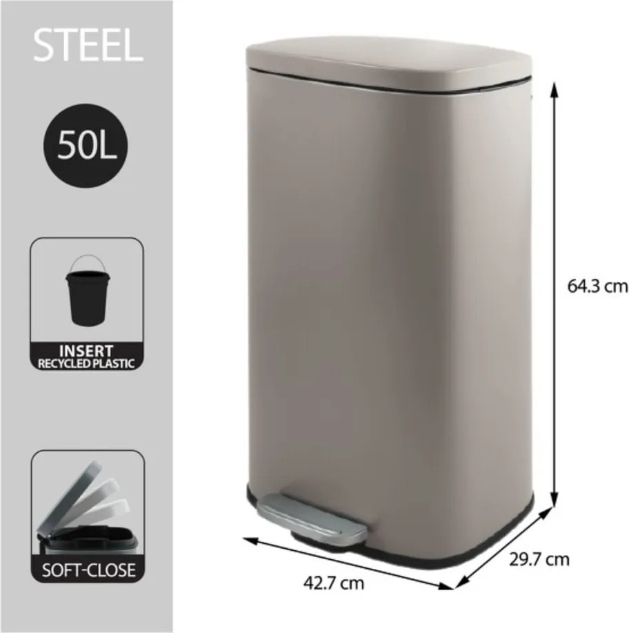 Cestino per la spazzatura grigio tortora in acciaio con pedale 50 l Akira – Spirella