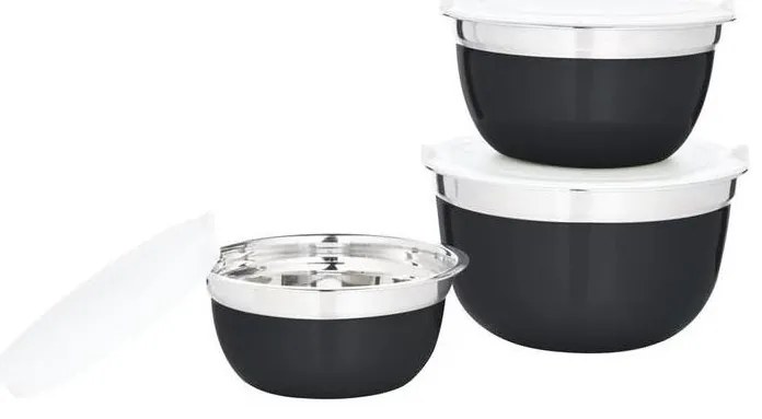 SET 3x Ciotola con coperchio nero/acciaio inox