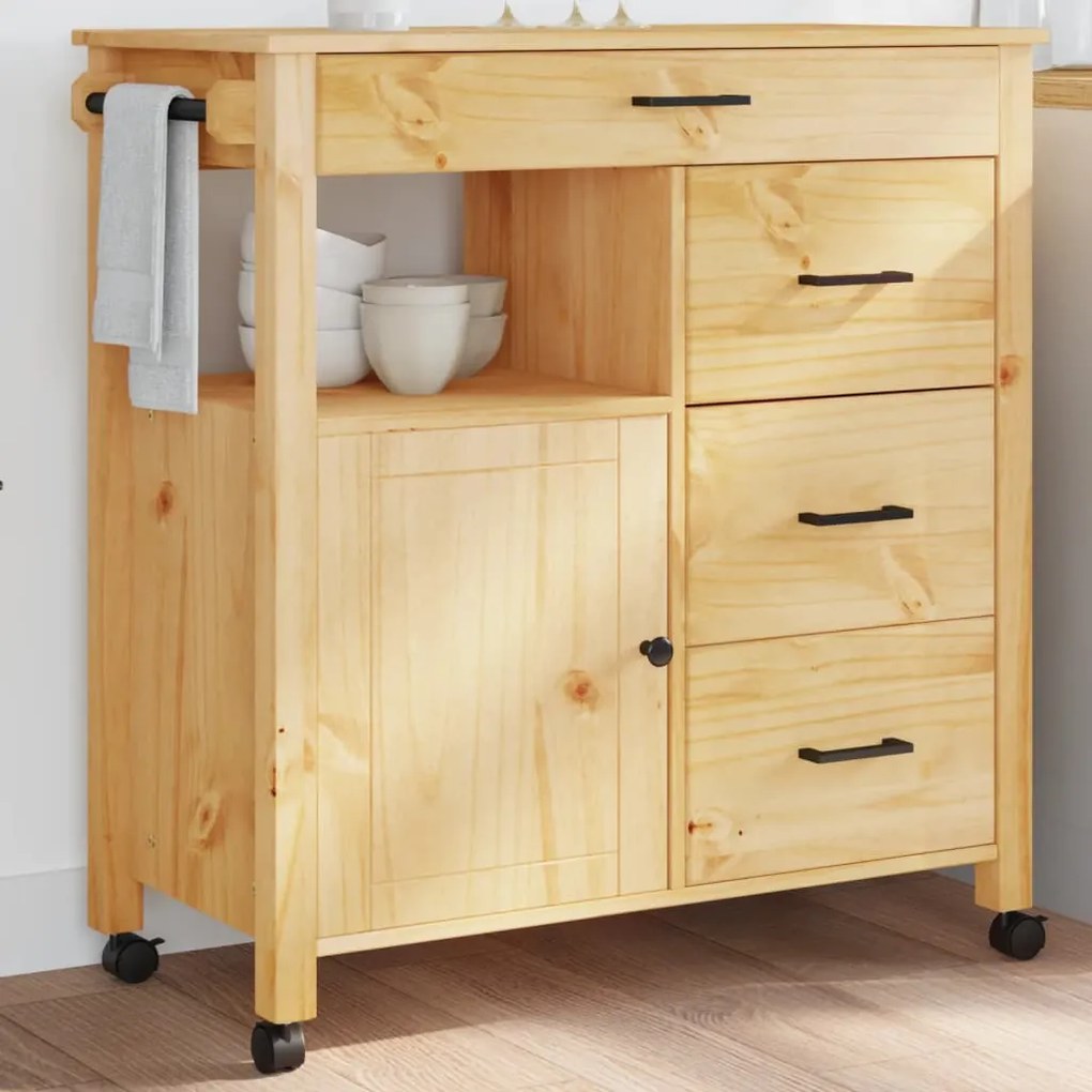 Carrello Da Cucina Monza 84x40x90 Cm İn Legno Massello Di Pino /