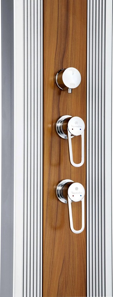 Doccia Solare Ibrida da Giardino 40L Miscelatore e Doccetta Lavapiedi Alluminio Metallizzato/Legno...