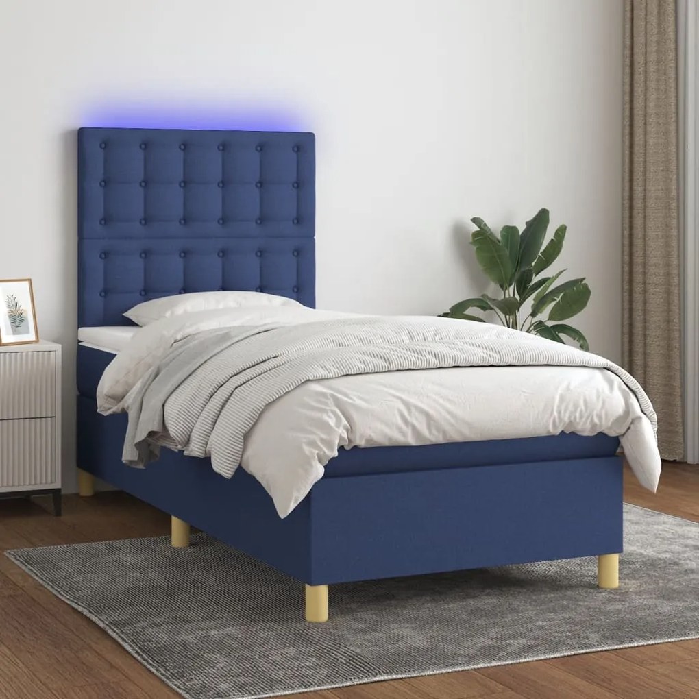 Letto a molle con materasso e led blu 100x200cm in tessuto