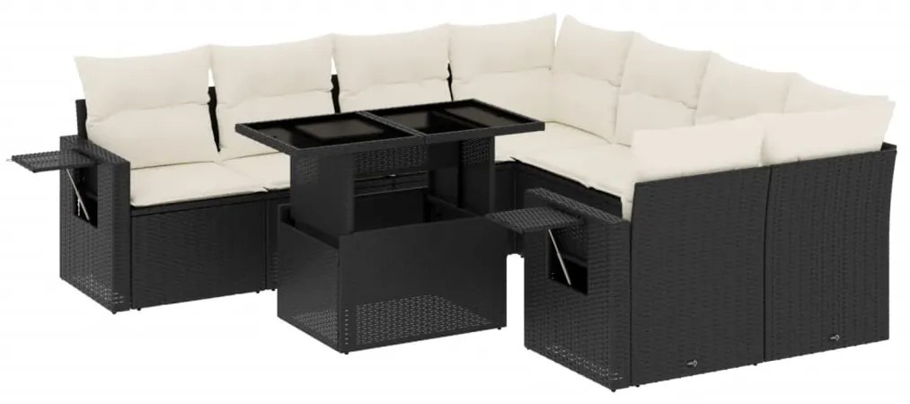 Set divani da giardino 9 pz con cuscini nero in polyrattan