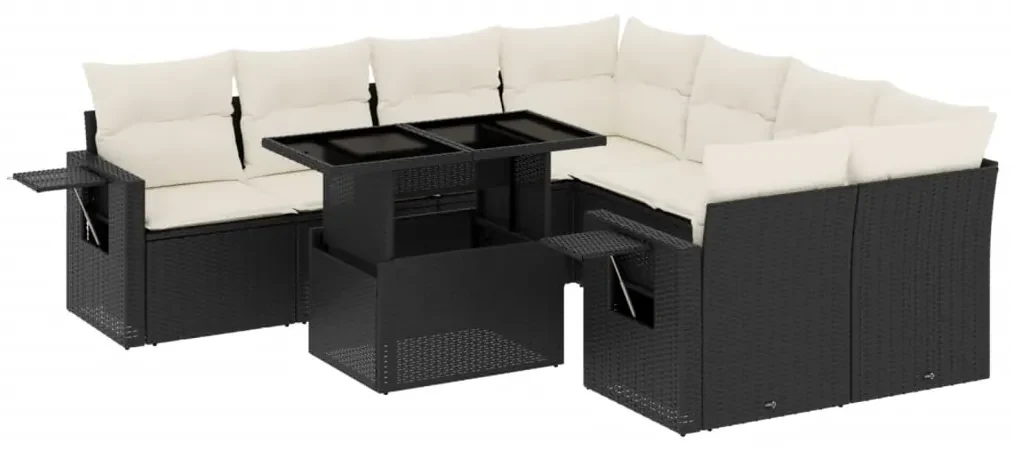 Set divani da giardino 9 pz con cuscini nero in polyrattan