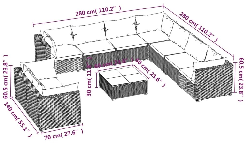 Set Divani da Giardino 10 pz con Cuscini in Polyrattan Marrone