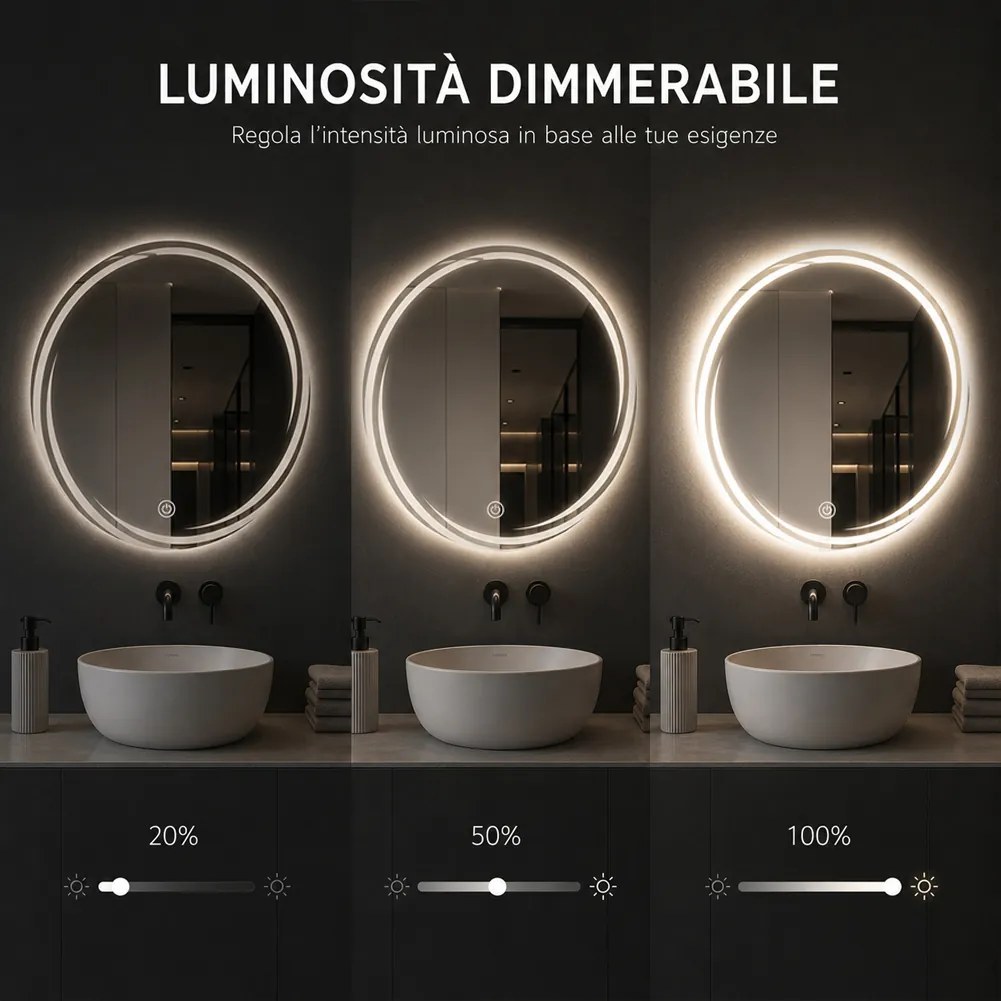 Specchio Rotondo Ø70cm con Spirale LED a 3 Colori Dimmerabile Accensione Touch...