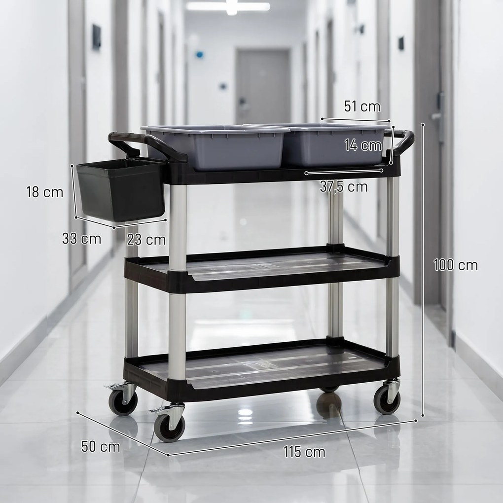 Carrello Pulizie Professionale 115x50x100 cm a 3 Ripiani con 2 Contenitori Rimovibili Bidone Laterale e 4 Ruote in PP Nero...