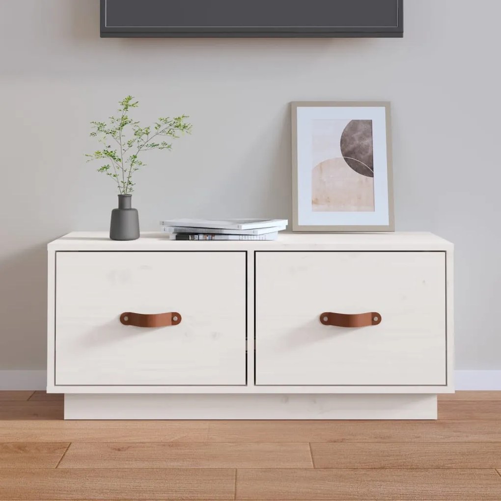 Mobile Porta Tv Bianco 80x34x35 Cm İn Legno Massello Di Pino /