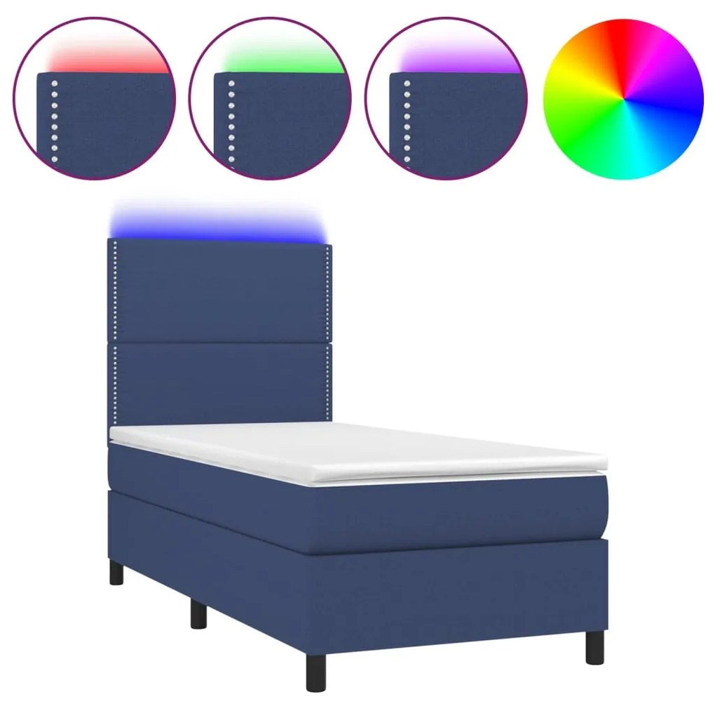 Letto a molle con materasso e led blu 100x200cm in tessuto