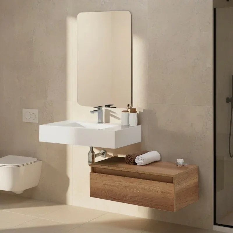 Mobile bagno sospeso 80 cm rovere naturale con lavabo sospeso e specchio – Numa