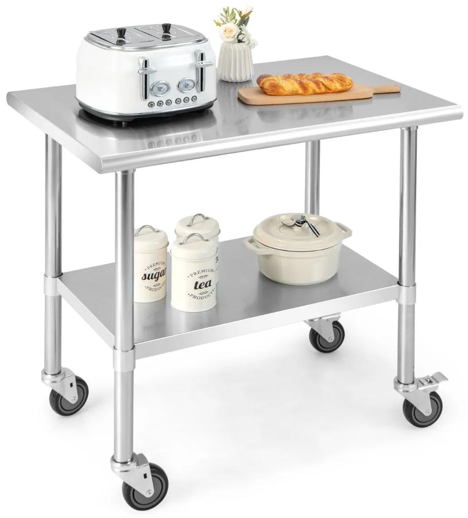 Costway Tavolino da lavoro in acciaio regolabile a 2 ripiani da cucina, Carrello in metallo per officina 91,5x61x89,5cm Argento