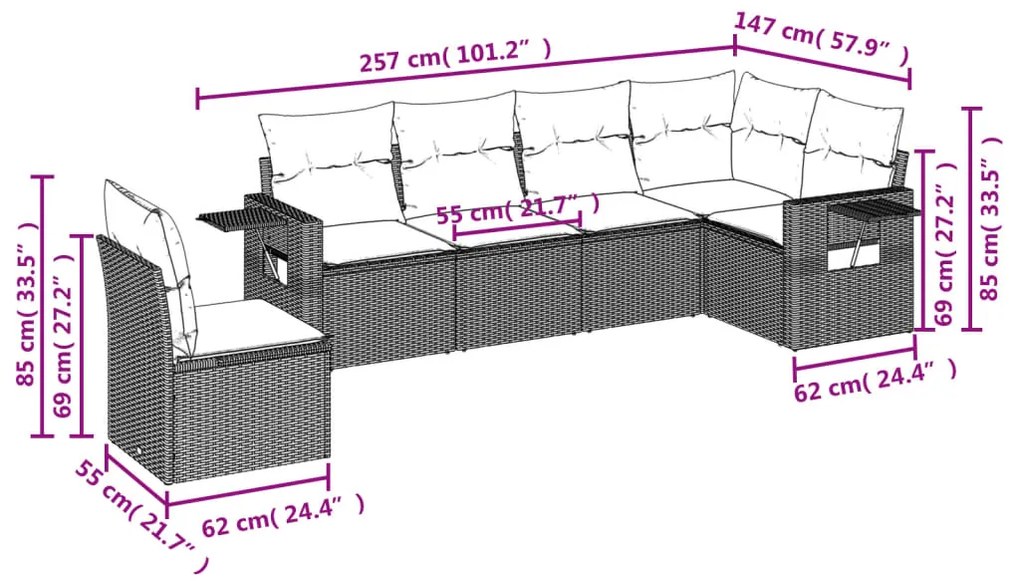 Set divano da giardino 6 pz con cuscini nero in polyrattan