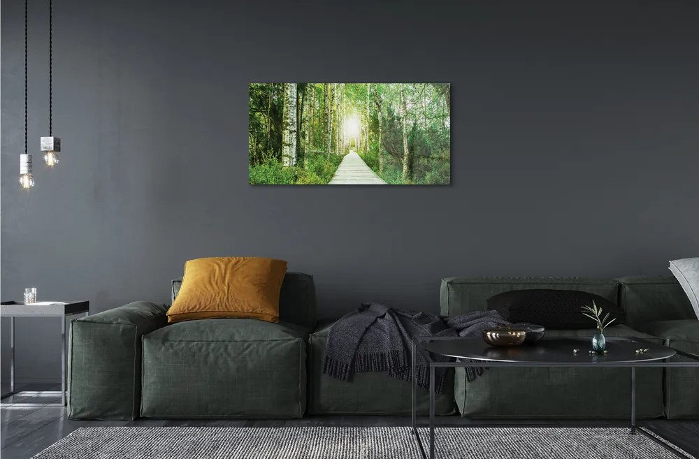 Quadro vetro Bosco stradale betulla 100x50 cm