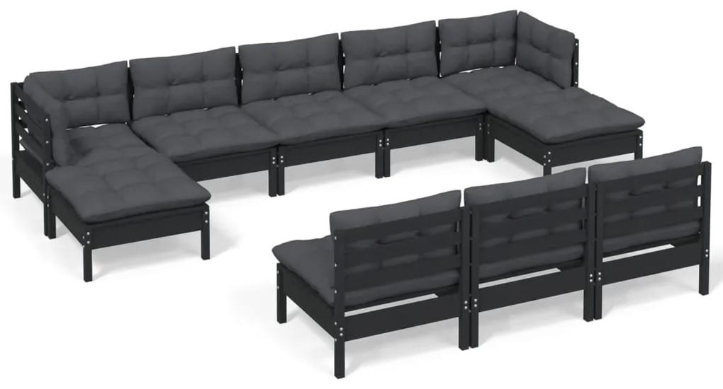 Set divani da giardino 10 pz con cuscini neri in legno di pino