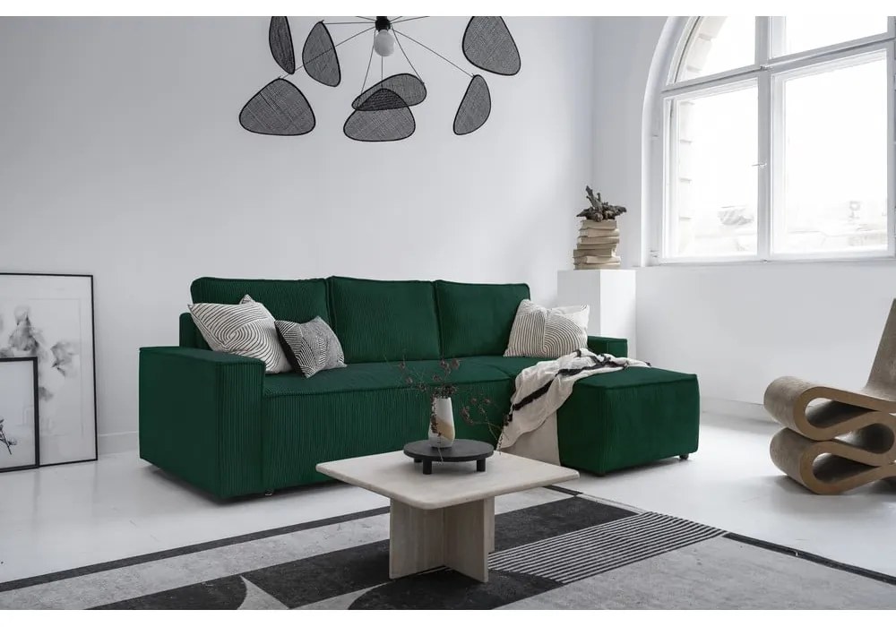 Divano letto angolare in velluto a coste verde scuro Brave Dave - Miuform