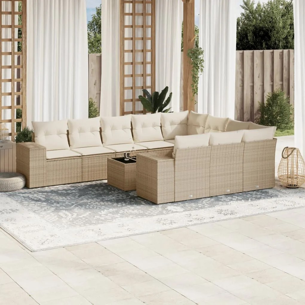 Set divani da giardino 11 pz con cuscini beige in polyrattan