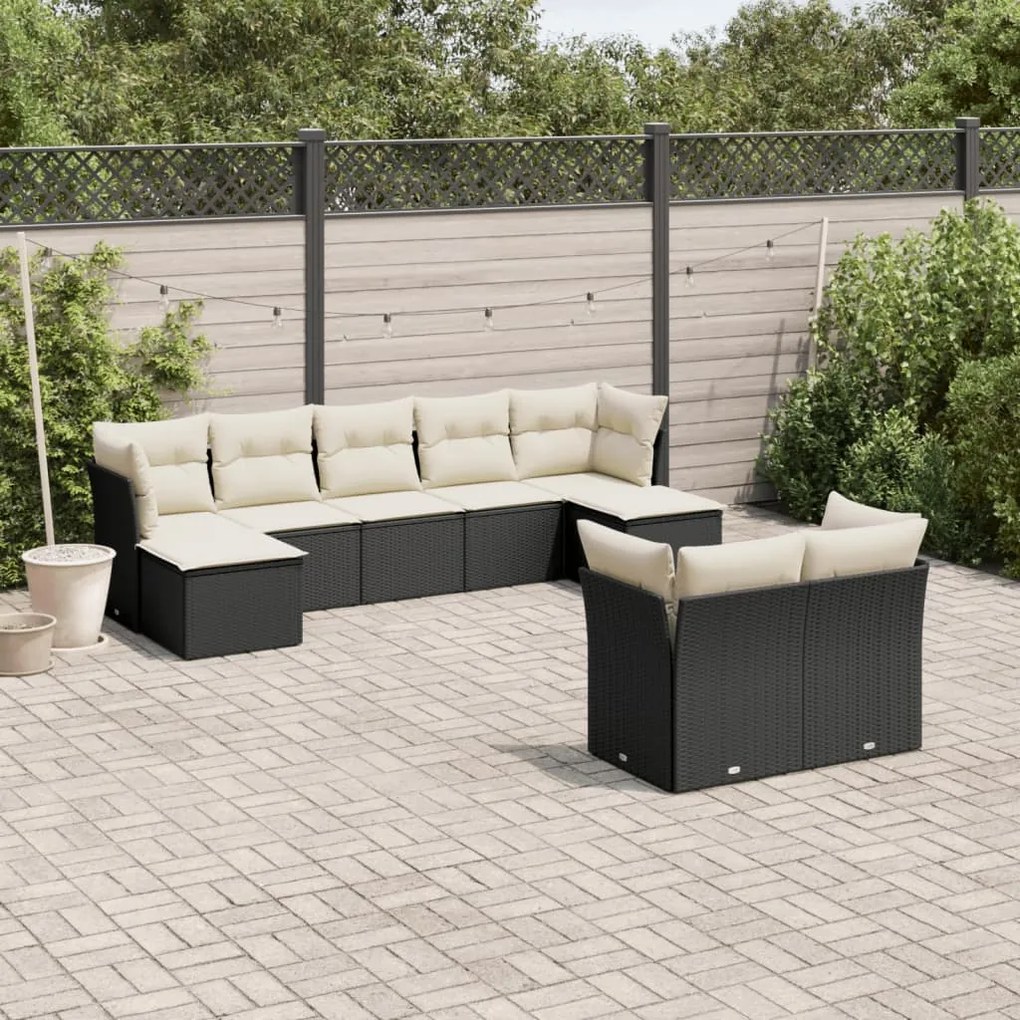 Set divani da giardino 9 pz con cuscini nero in polyrattan