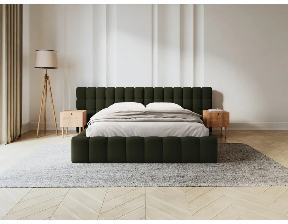 Letto matrimoniale imbottito verde con spazio contenitivo e rete 180x200 cm Mamaia - Micadoni Home