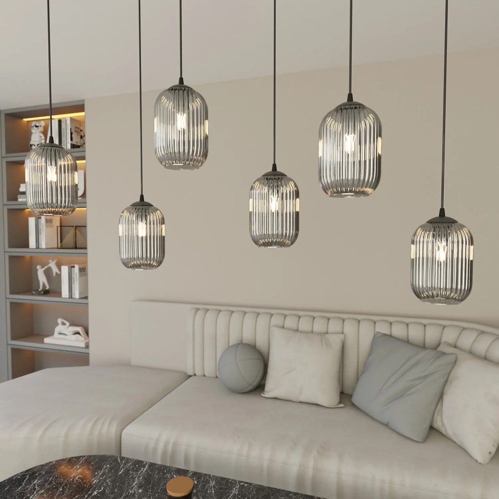 Lampadario 6 Luci Selene In Acciaio Nero E Vetri Plissettati Fumè