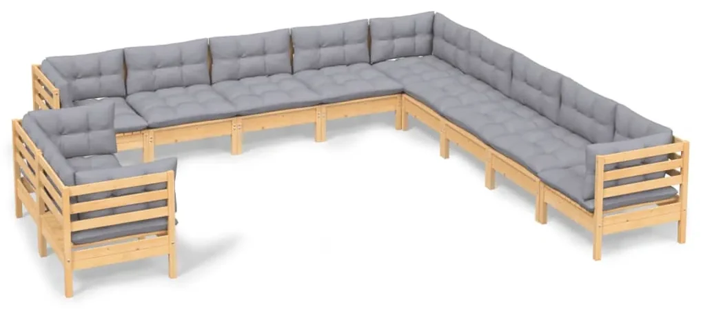Set divani da giardino 11 pz con cuscini grigi massello di pino