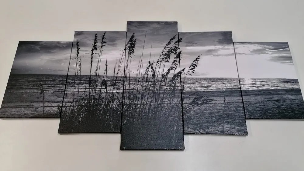 Quadri 5 pezzi – Tramonto sulla spiaggia in bianco e nero