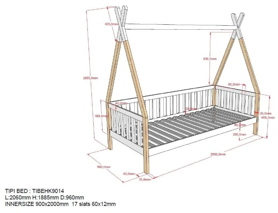 Letto per bambini bianco con barriera, 90 x 200 cm Tipi - Vipack