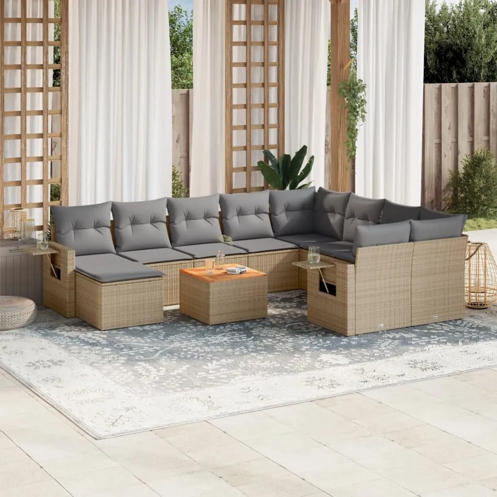 Set divani da giardino 11 pz con cuscini beige in polyrattan