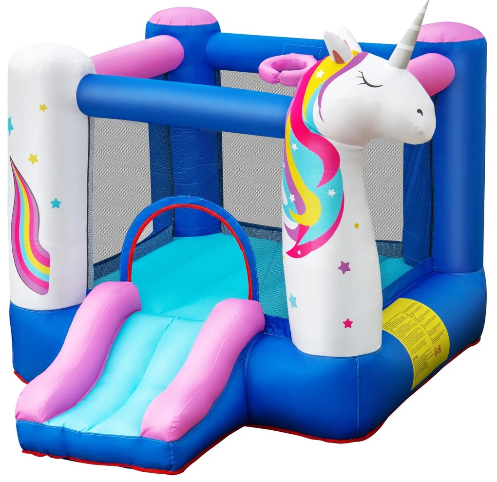 Costway Casa gonfiabile a tema unicorno per bambini 3-10 anni con scivolo, Castello gonfiabile con anello del canestro