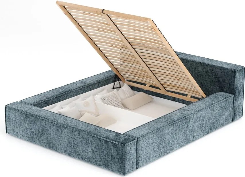 Letto matrimoniale imbottito blu polveroso con contenitore e rete inclusi 140x200 cm Voliera – Maison de Rêve