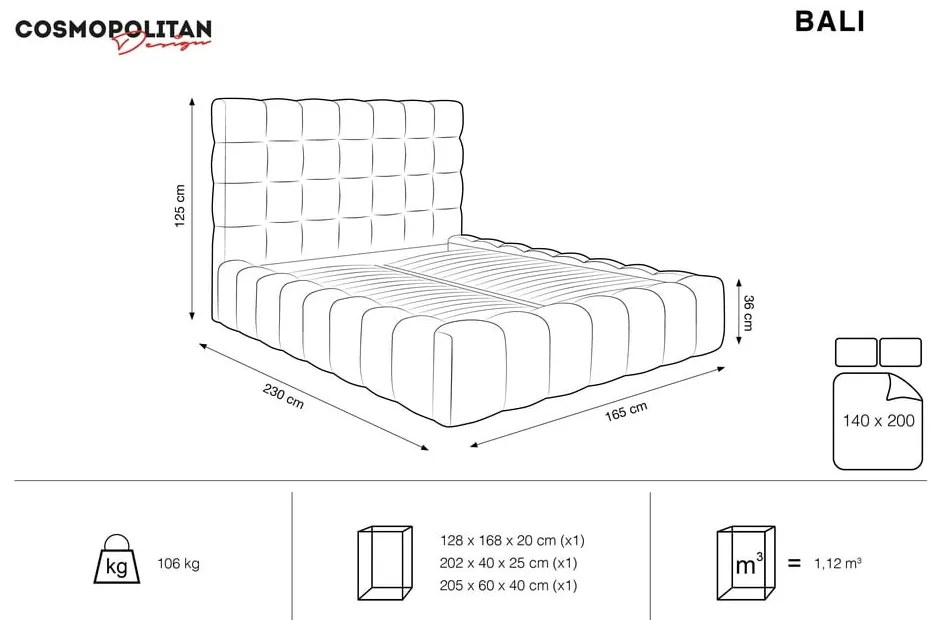 Letto matrimoniale imbottito grigio chiaro con contenitore con griglia 140x200 cm Bali - Cosmopolitan Design