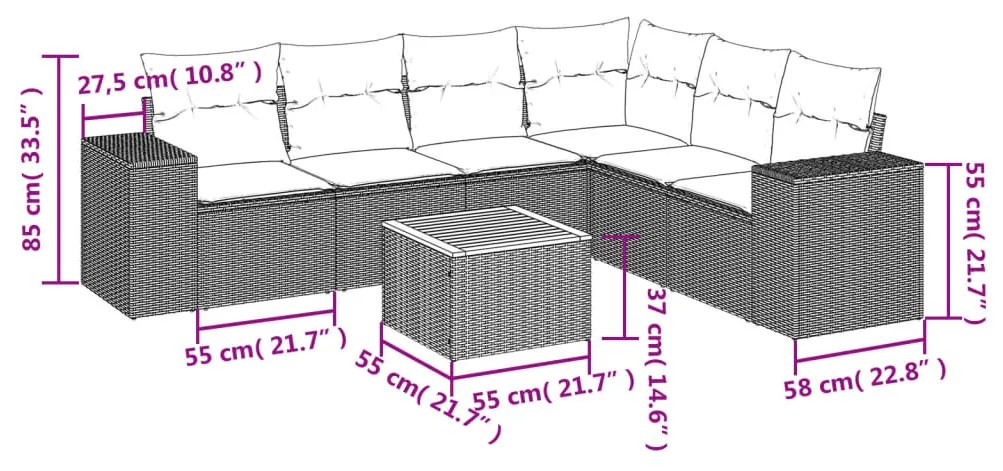 Set divani da giardino con cuscini 7pz nero polyrattan