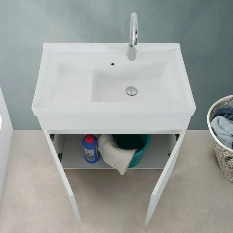 Mobile lavatoio 79x46,8 cm bianco frassinato con vasca in ceramica bianca