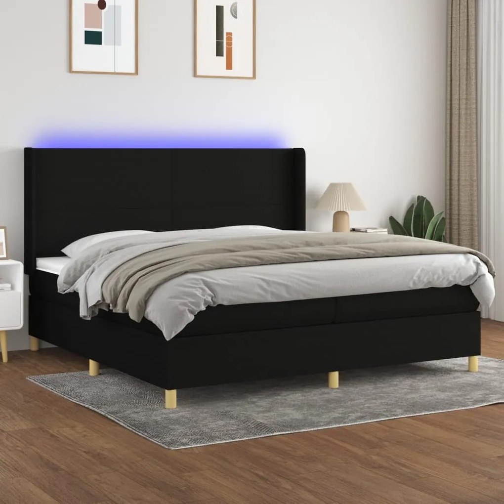 Letto a molle materasso e led nero 200x200cm in tessuto