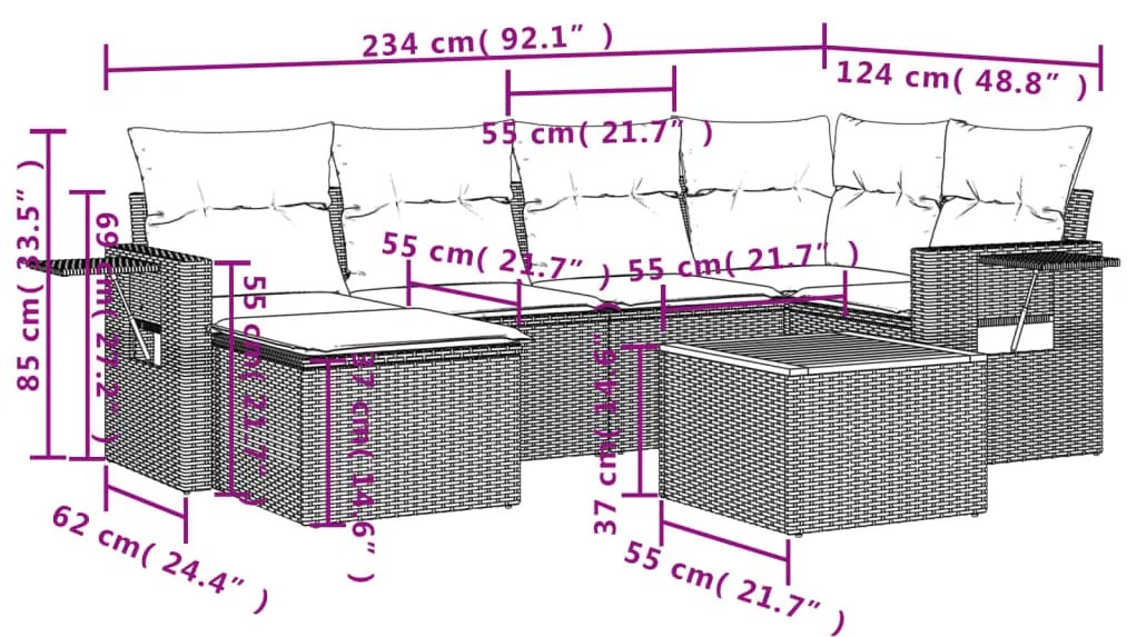 Set Divani da Giardino 7 pz con Cuscini Grigio in Polyrattan