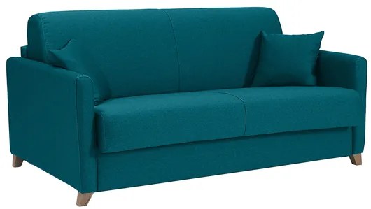 Divano letto 2-3 posti in tessuto blu anatra e legno chiaro con materasso 13 cm SKANDY