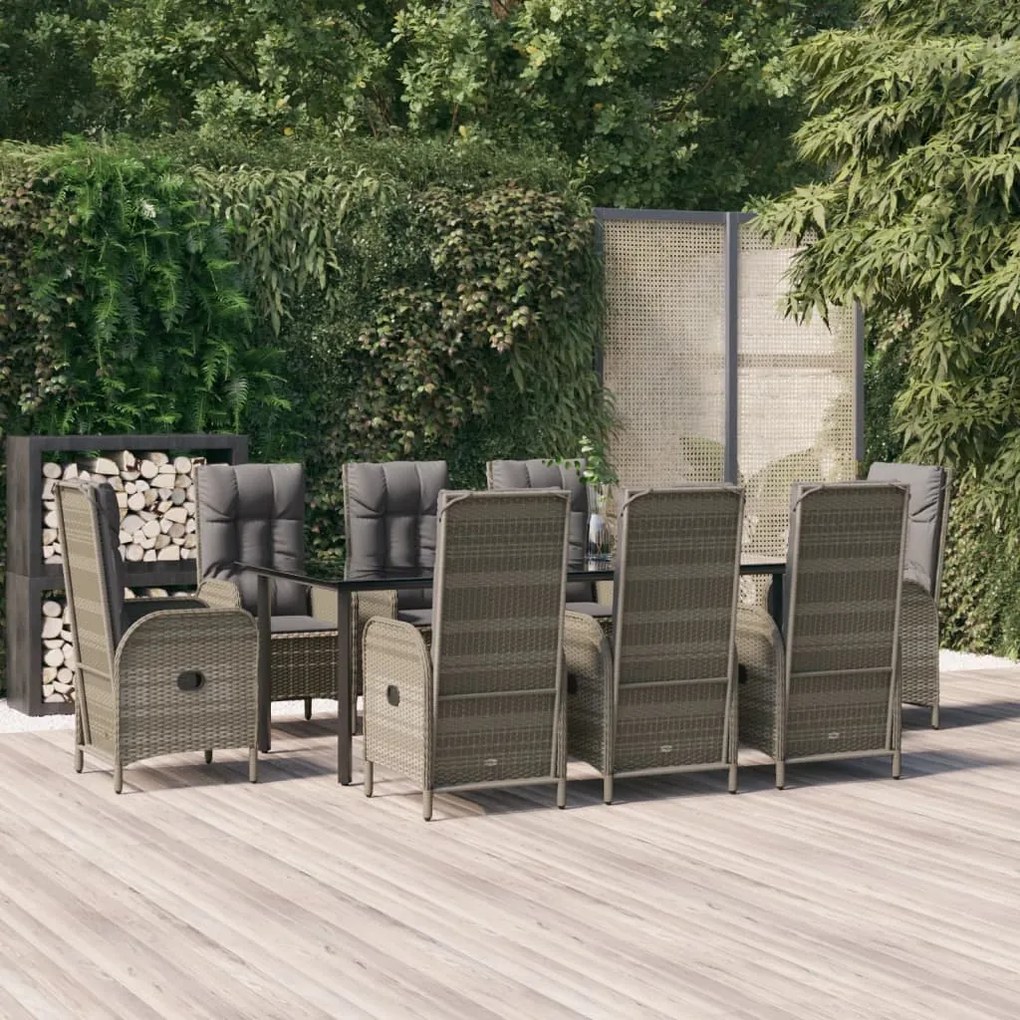 Set da pranzo giardino 9pz con cuscini nero e grigio polyrattan