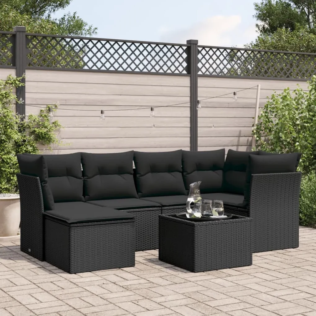 Set divani da giardino con cuscini 7pz nero polyrattan