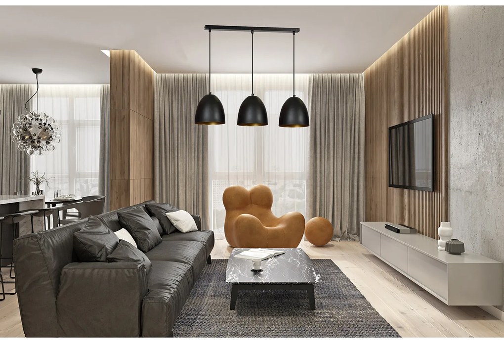 Lampadario 3 Luci Reartù In Acciaio Nero Con Cupole In Nero E Oro